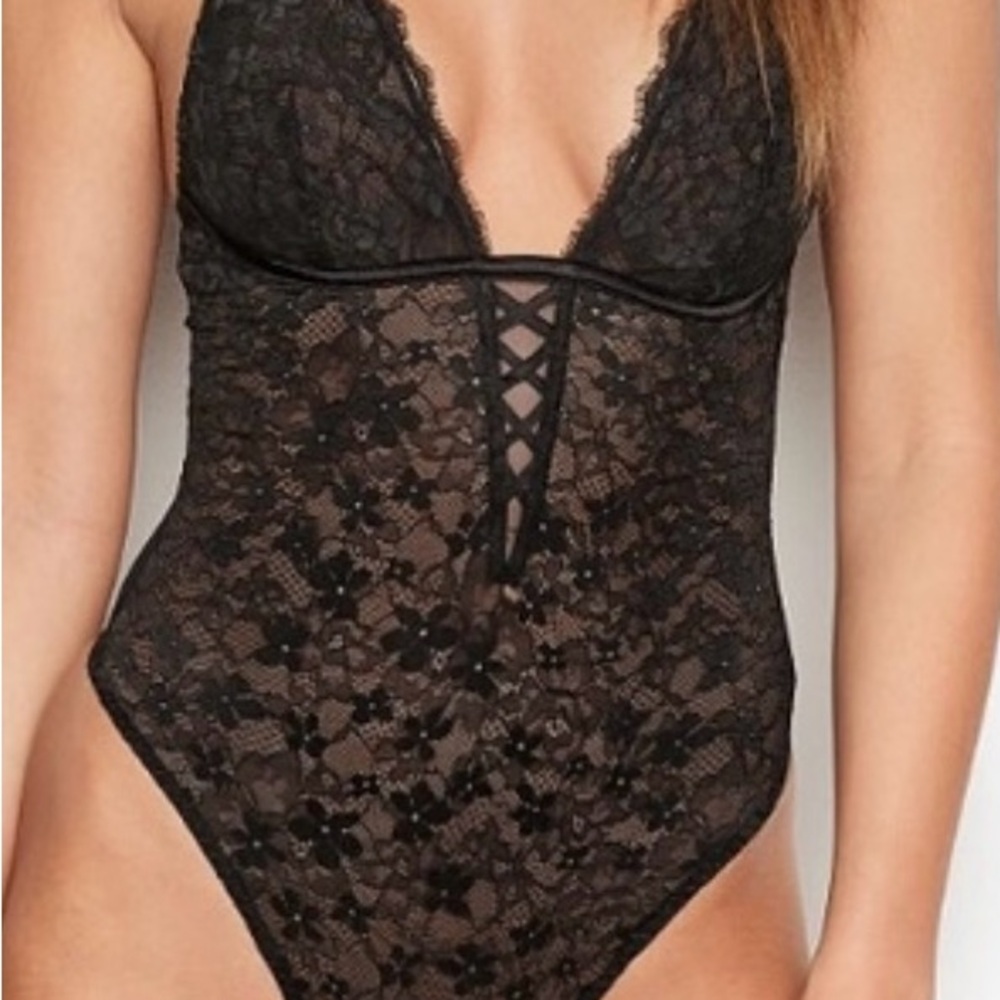 Victoria's Secret Black Lace Plunge Bodysuit with Crisscross Detail
